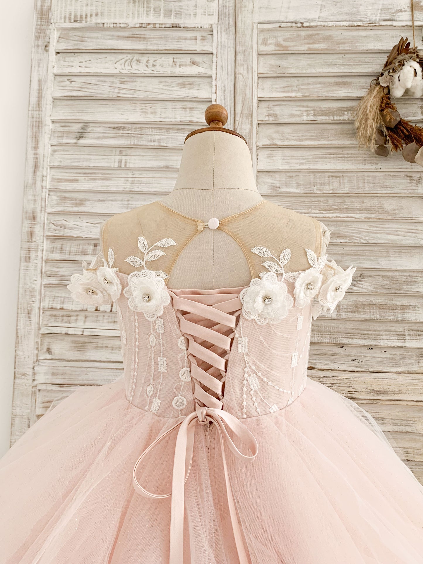 Illusion Off-Shoulder Pink Tulle Ruffle Ball Gown Wedding Party Flower Girl Dress