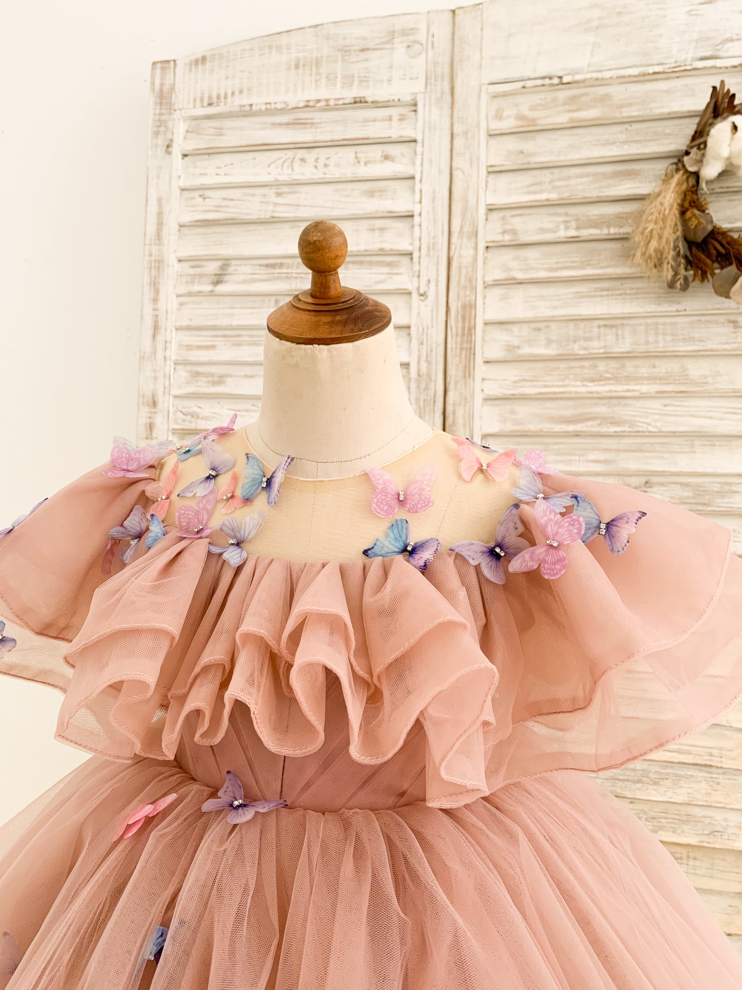 Ball Gown 3D Butterflies Mauve Tulle Ruffles Wedding Flower Girl Dress