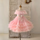 Sheer Neck Pink Ruffles Tulle Wedding Flower Girl Dress Kids Party, Glittering Bow