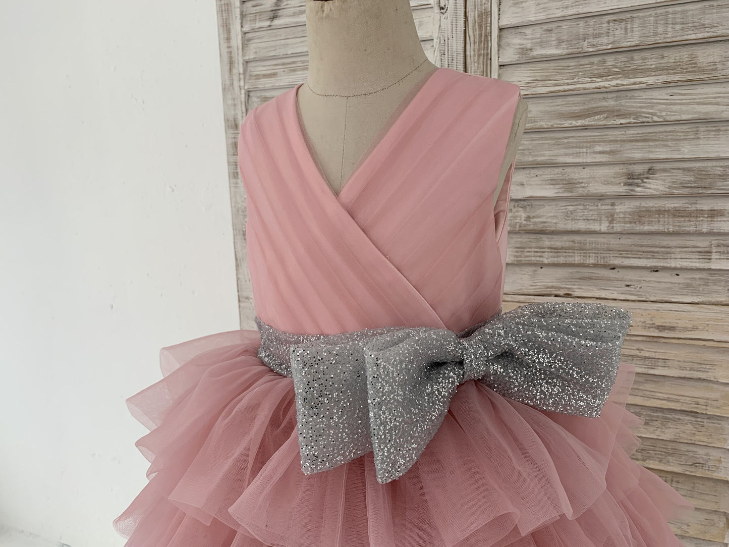 Cupcake Mauve Tulle V Neck Wedding Flower Girl Dress, Glittering Belt Bow