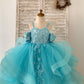 Teal Lace Tulle Off Shoulder Beaded Straps Horsehair Wedding Flower Girl Dress