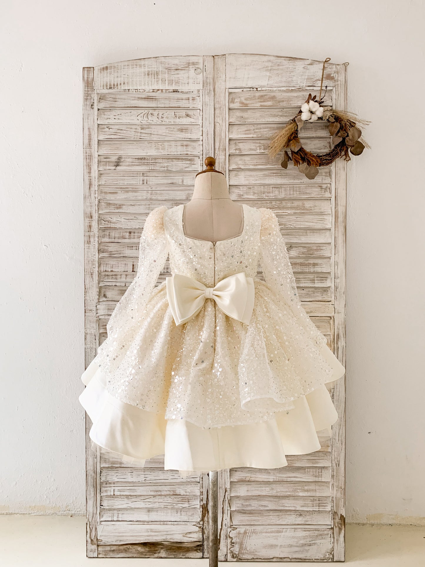 Square Neck Long Sleeves Crystal Beaded Wedding Flower Girl Dress, Horsehair
