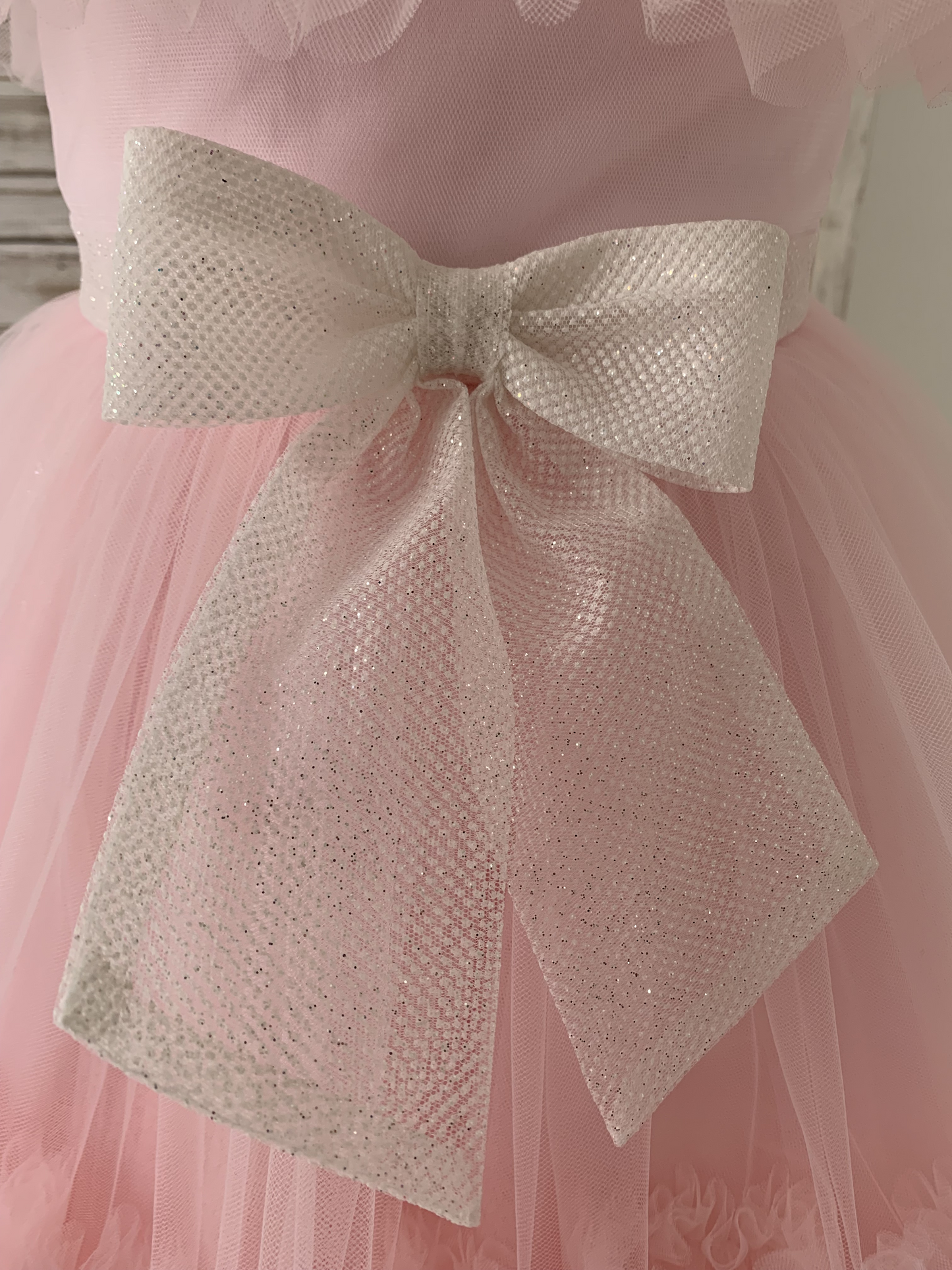 Sheer Neck Pink Ruffles Tulle Wedding Flower Girl Dress Kids Party, Glittering Bow