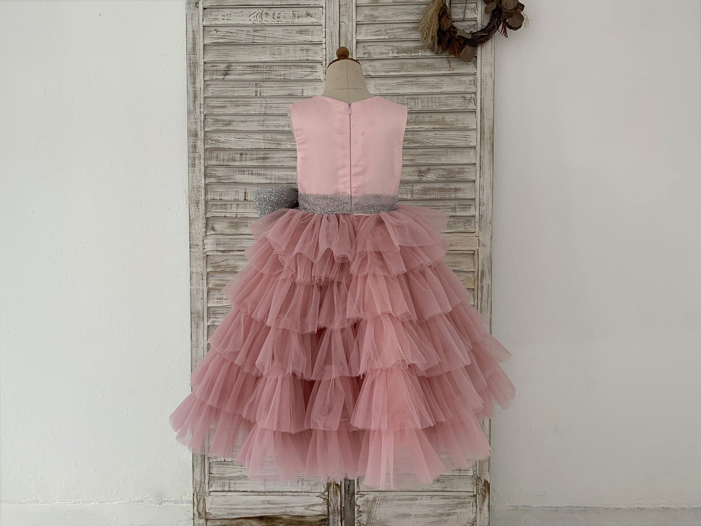 Cupcake Mauve Tulle V Neck Wedding Flower Girl Dress, Glittering Belt Bow