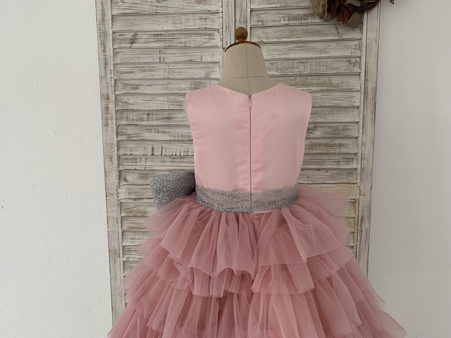 Cupcake Mauve Tulle V Neck Wedding Flower Girl Dress, Glittering Belt Bow