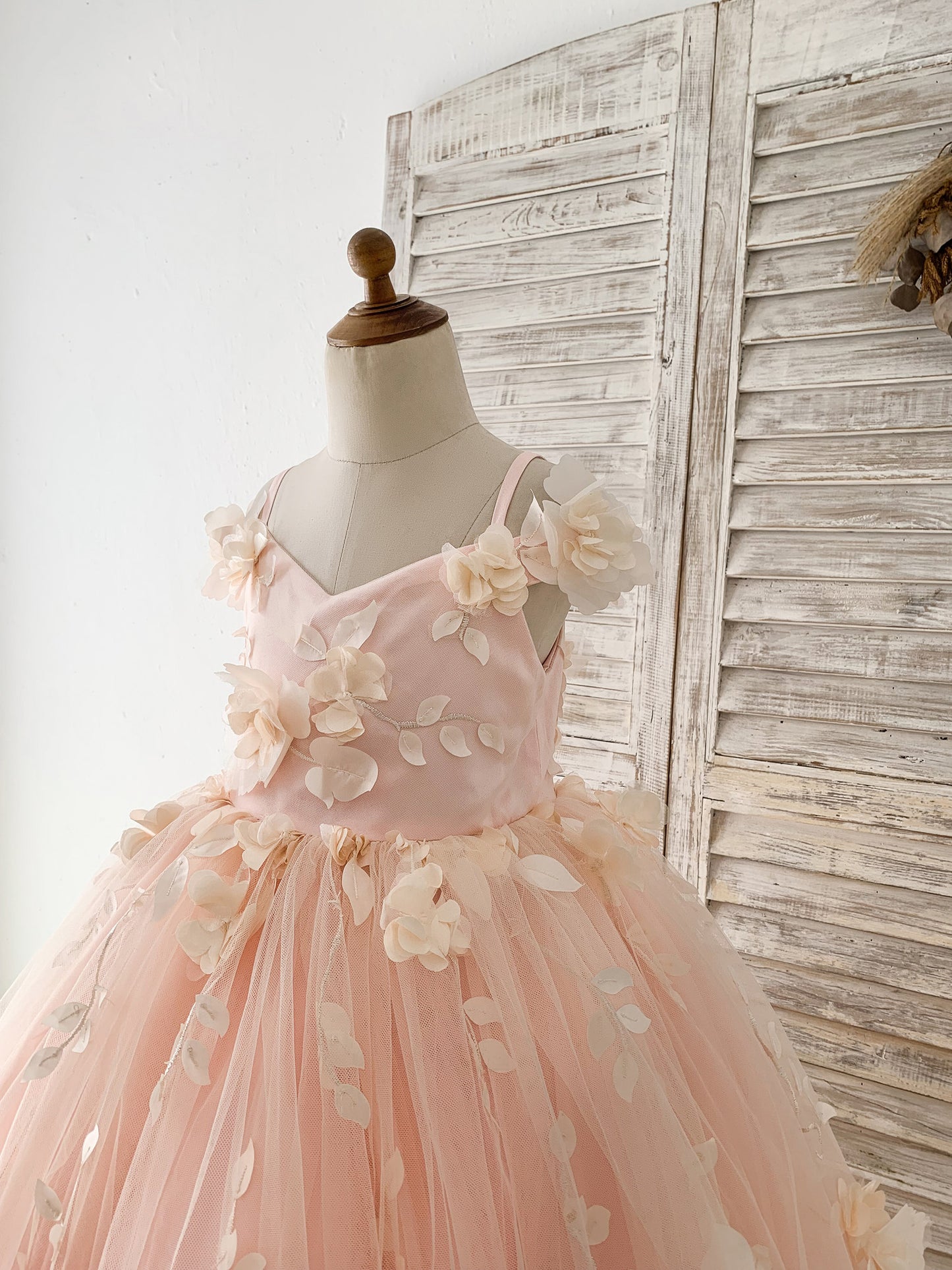 Peach 3D Lace Flower Tulle Off Shoulder Wedding Flower Girl Dress Kids Pageant Gown