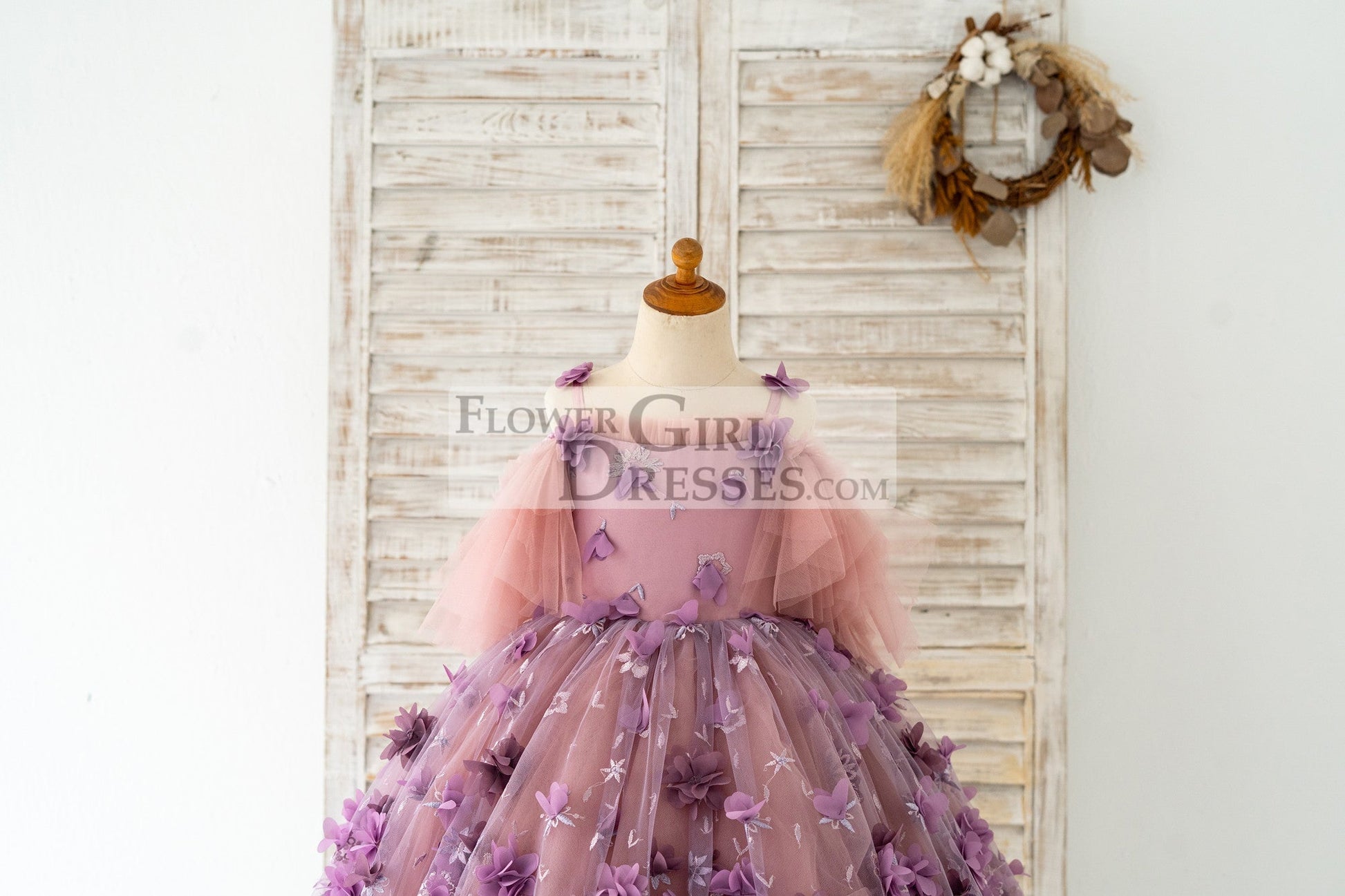 3D Purple Lace Flower Tulle Wedding Flower Girl Dress Kids Party Dress Photography Dress
