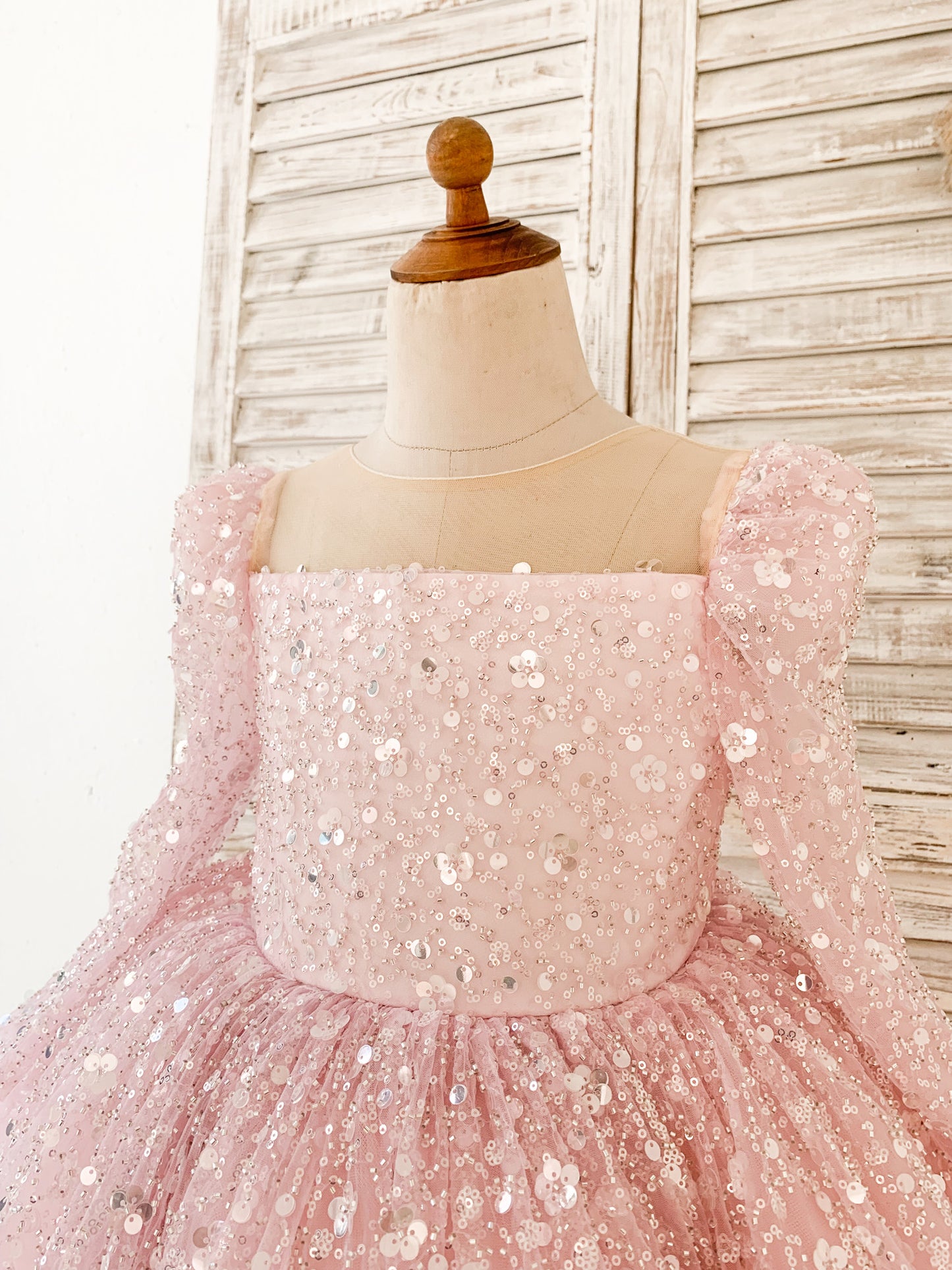 Long Sleeves Pink Crystal Beaded Wedding Flower Girl Dress Birthday Party