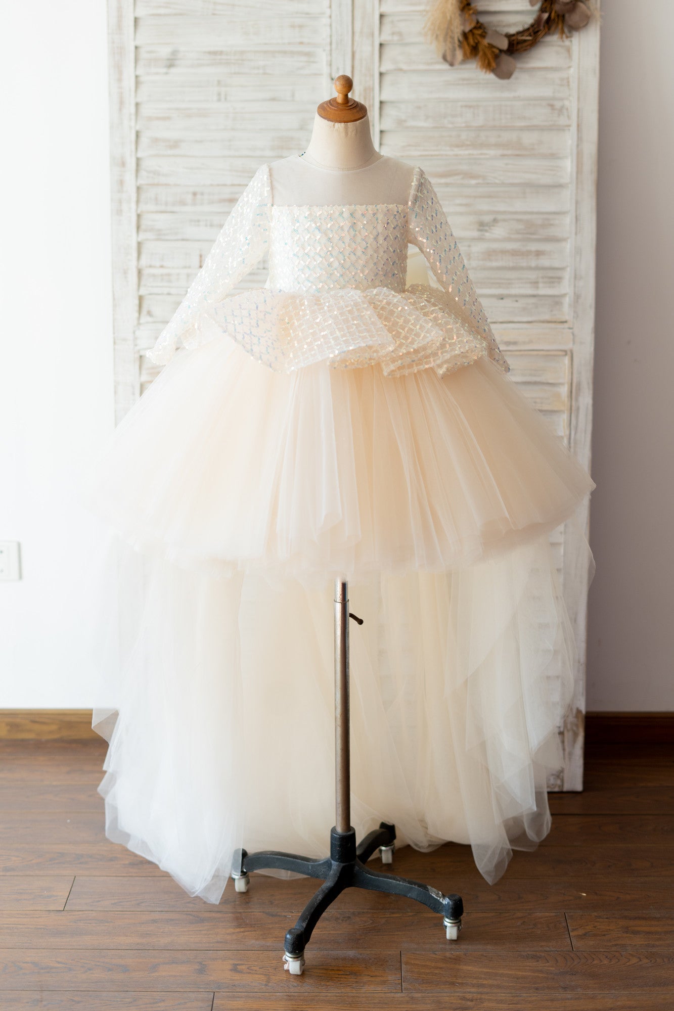 Hi-Low Long Sleeves Champagne Sequin Tulle Wedding Flower Girl Dress