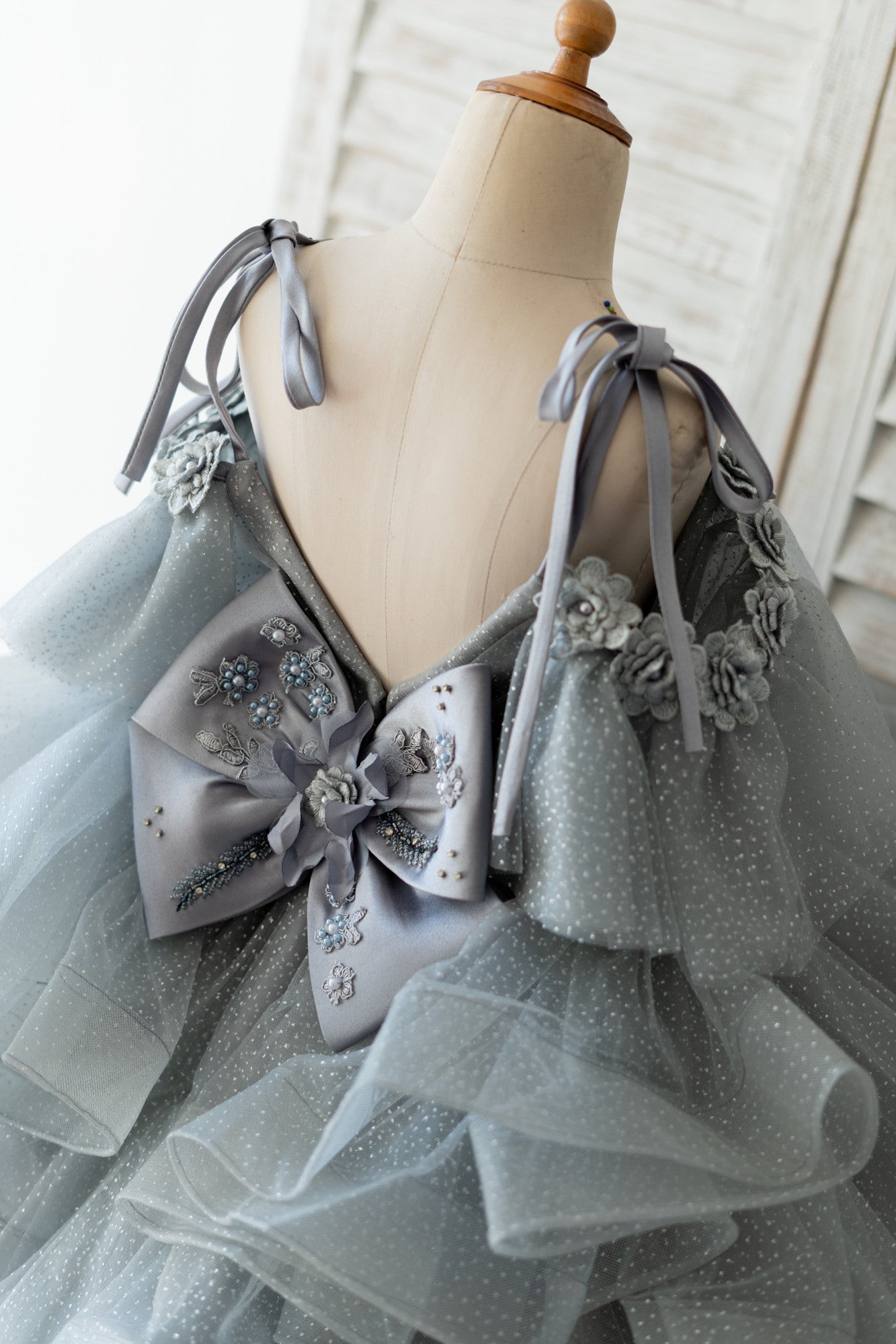 Silver Gray Glittering Tulle Straps V Back Wedding Flower Girl Dress Kids Party
