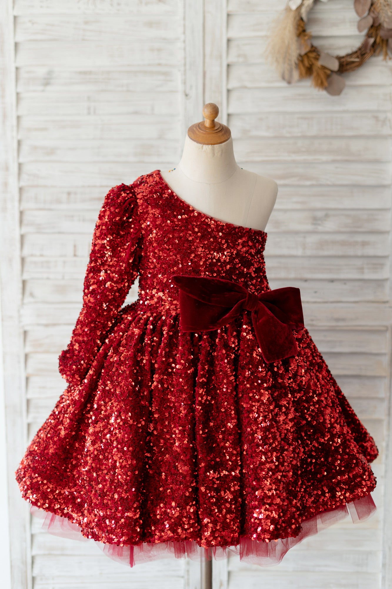 One Shoulder Burgundy Sequin Long Sleeves Wedding Flower Girl Dress