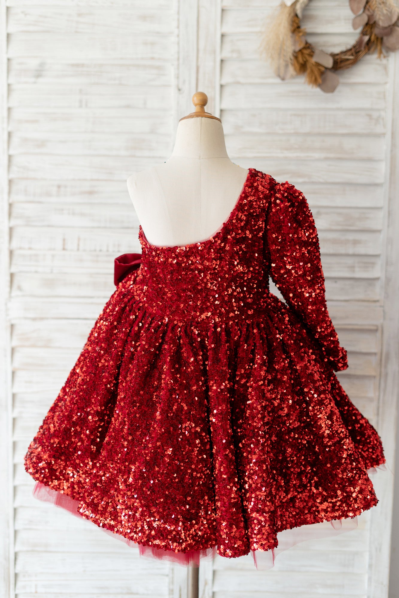 One Shoulder Burgundy Sequin Long Sleeves Wedding Flower Girl Dress