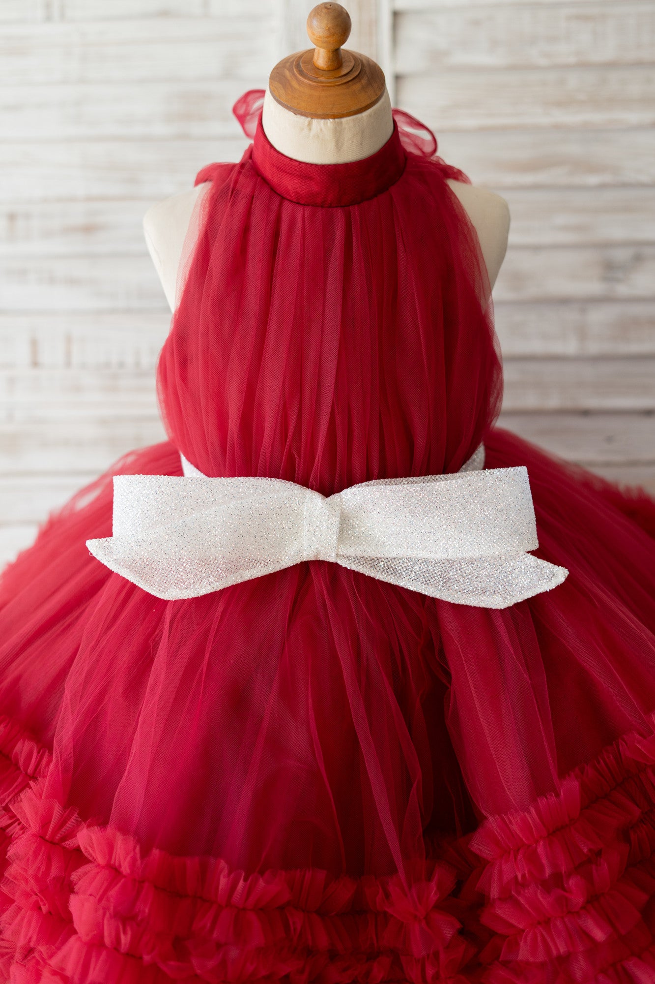 Halter Neck Burgundy Tulle Ruffles Wedding Flower Girl Dress Kids Party Dress