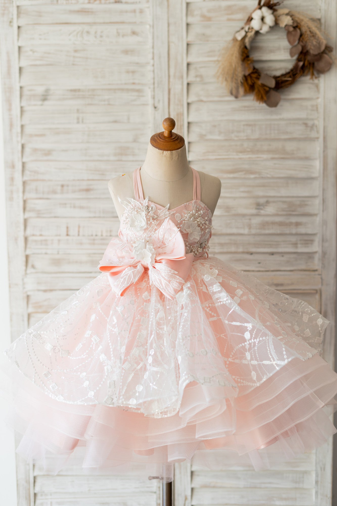 Pink Tulle Beaded Lace Straps Cross Back Wedding Flower Girl Dress Kids Formal Dress
