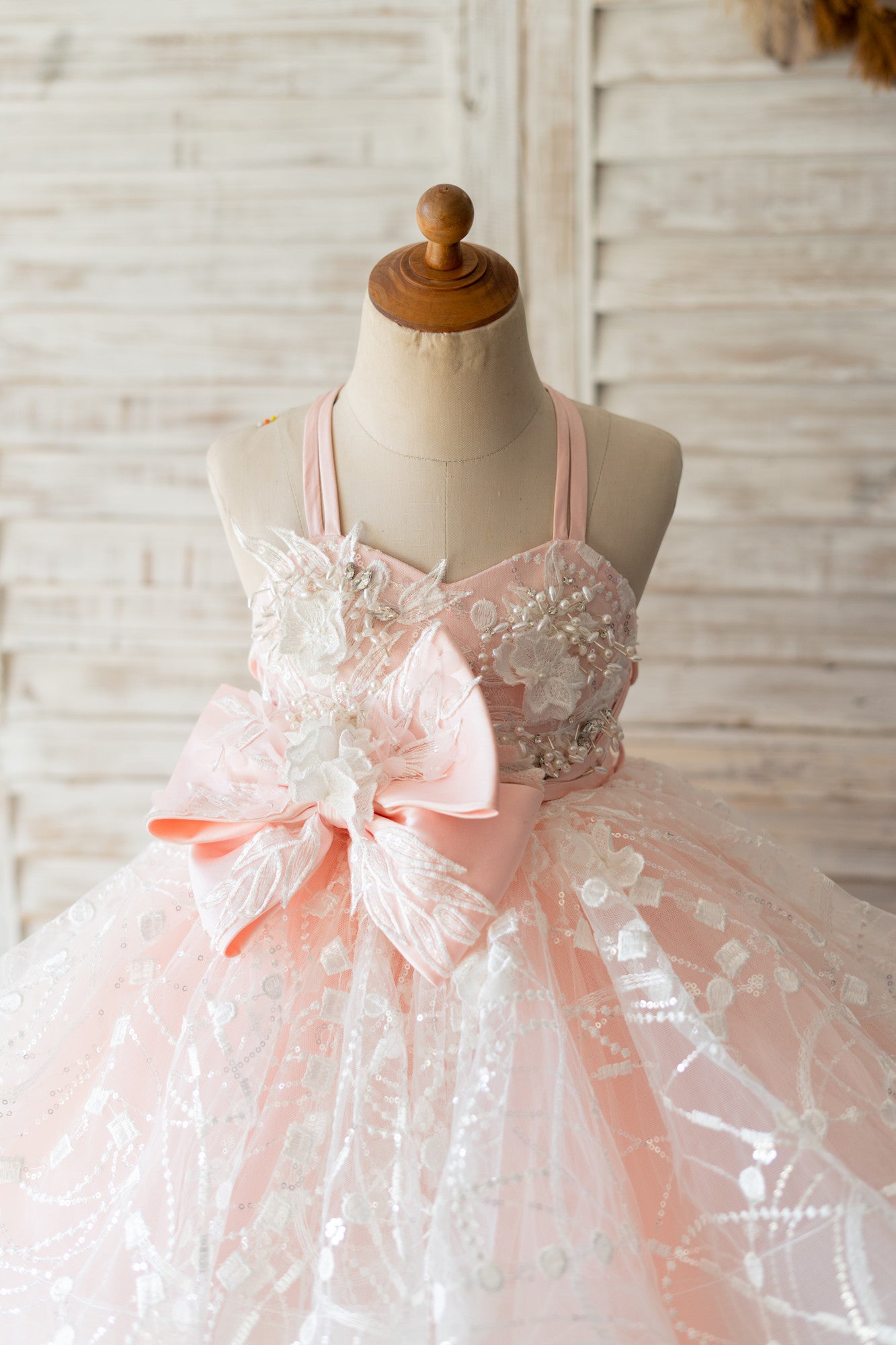 Pink Tulle Beaded Lace Straps Cross Back Wedding Flower Girl Dress Kids Formal Dress