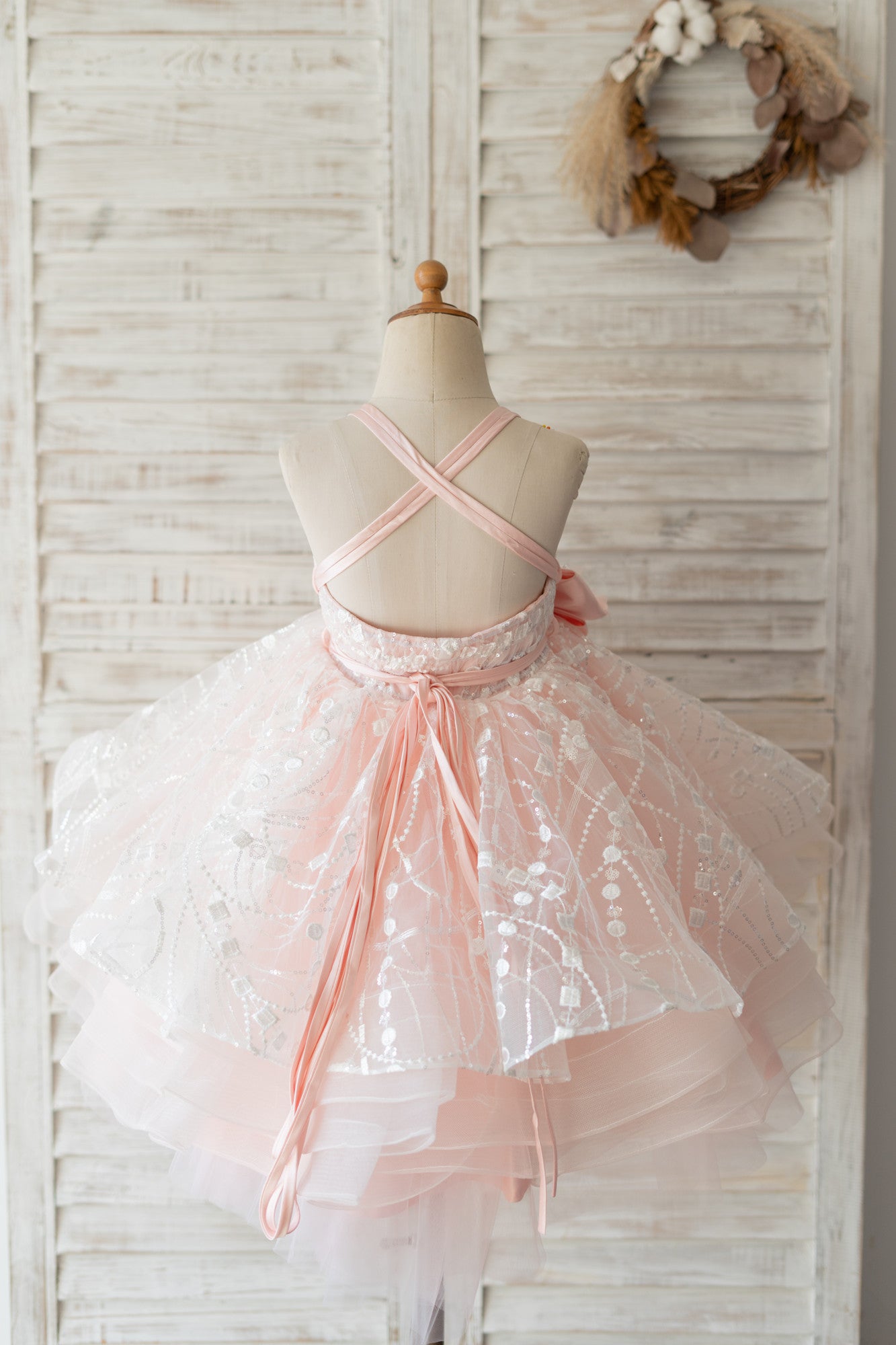 Pink Tulle Beaded Lace Straps Cross Back Wedding Flower Girl Dress Kids Formal Dress