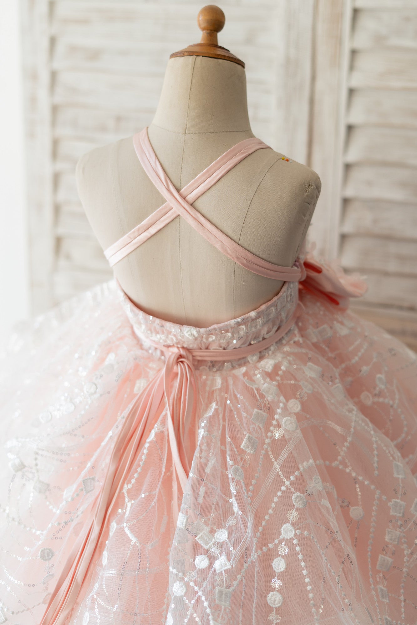 Pink Tulle Beaded Lace Straps Cross Back Wedding Flower Girl Dress Kids Formal Dress