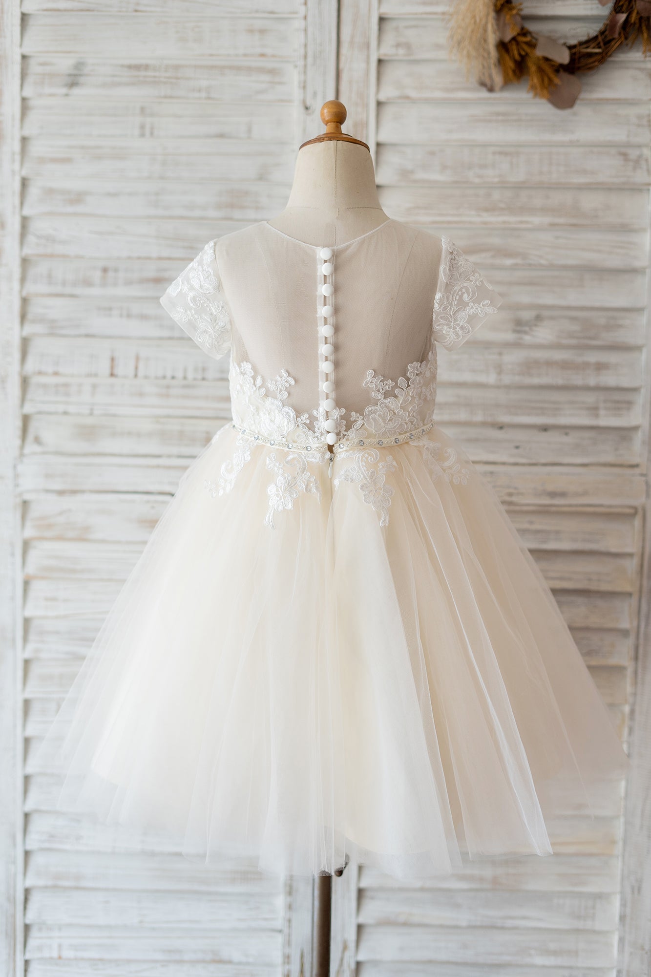 Princess Short Sleeves Ivory Lace Champagne Tulle Wedding Flower Girl Dress