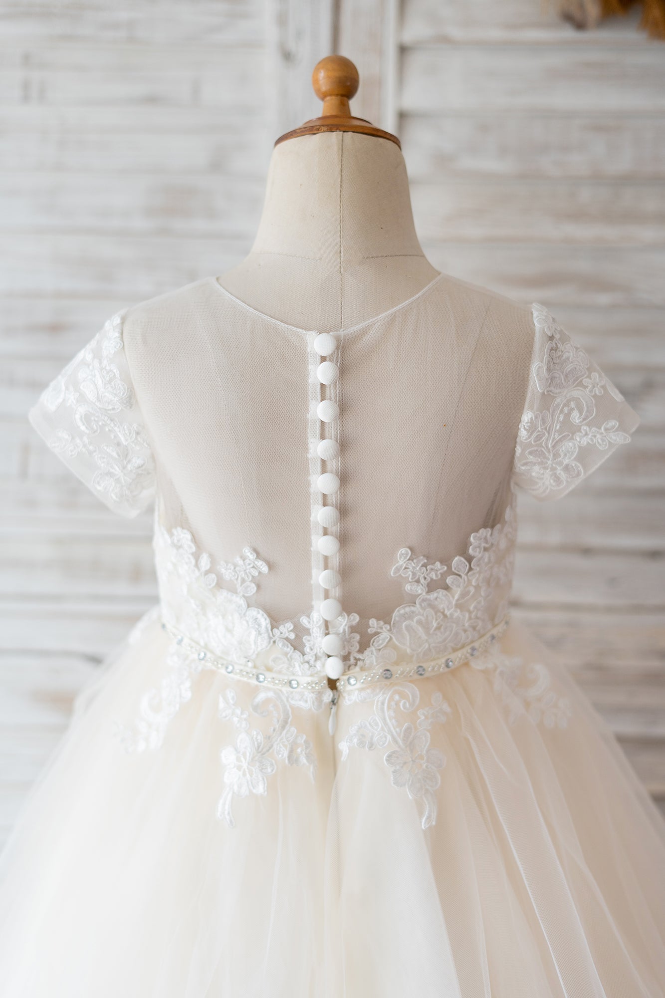 Princess Short Sleeves Ivory Lace Champagne Tulle Wedding Flower Girl Dress