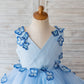 V Neck Blue Satin Butterfly Wedding Flower Girl Dress, Horsehair Hem
