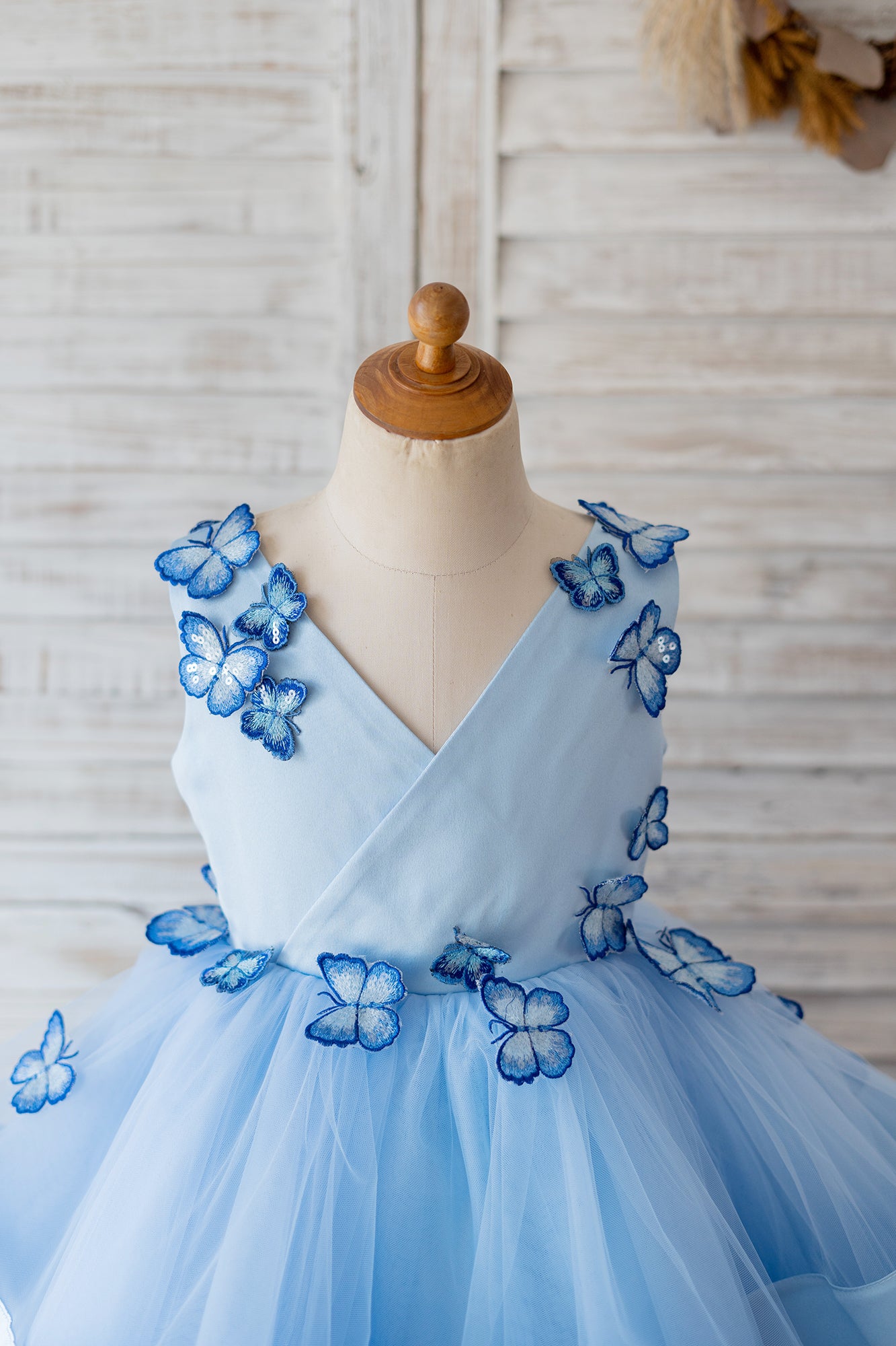 V Neck Blue Satin Butterfly Wedding Flower Girl Dress, Horsehair Hem