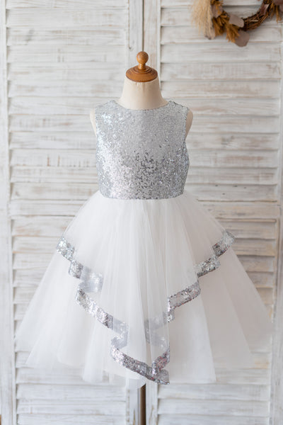 Backless Silver Sequin Tulle Kids Birthday Party Flower Girl Dress - Flower Girl Dresses Backless Silver Sequin Tulle Kids Birthday Party Flower Girl Dress - Flower Girl Dresses