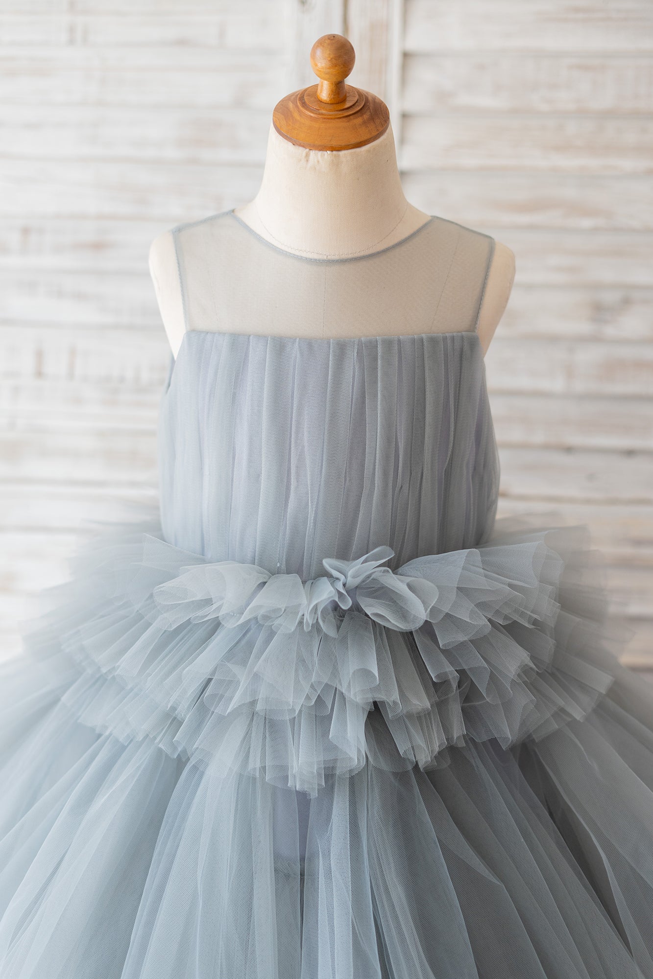 Ball Gown Gray Tulle Sheer Neck Cupcake Tea Length Wedding Flower Girl Dress