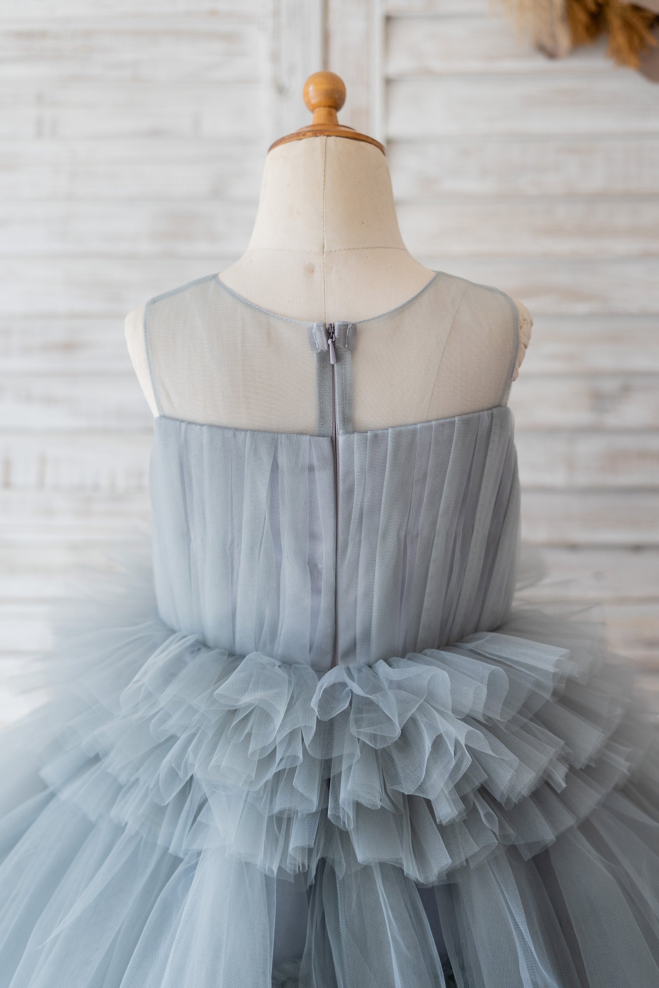 Ball Gown Gray Tulle Sheer Neck Cupcake Tea Length Wedding Flower Girl Dress