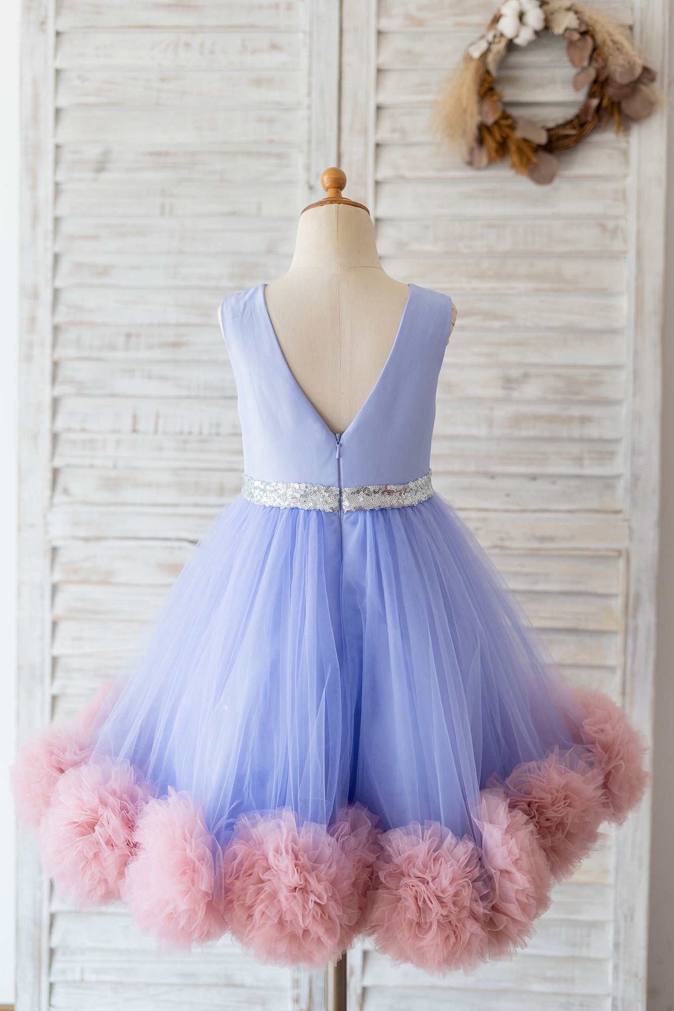 V Back Lavender Satin Tulle Mauve Ruffles Hem Wedding Flower Girl Dress