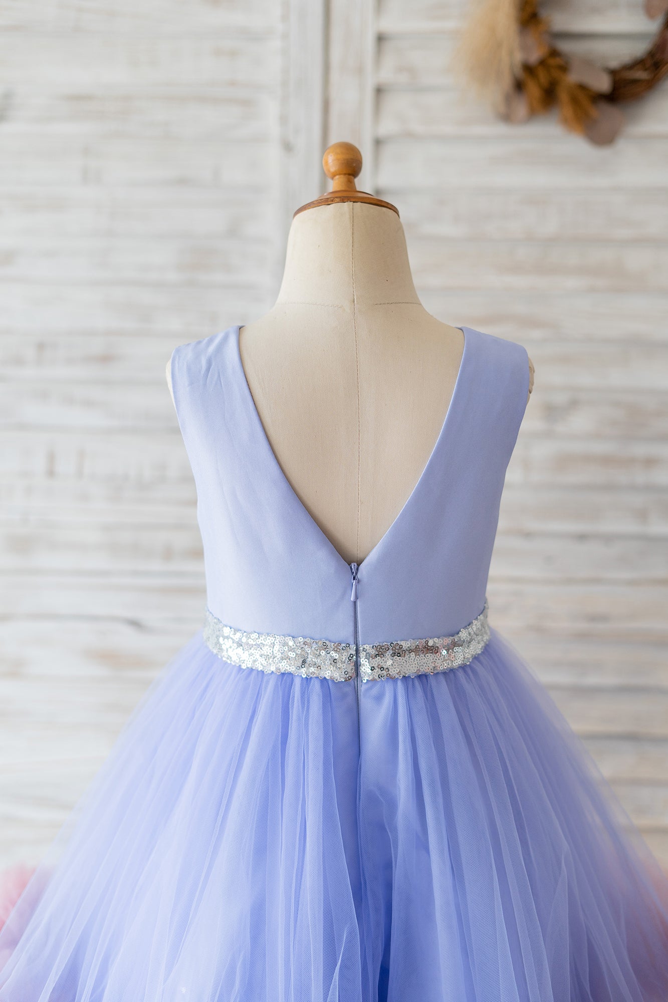 V Back Lavender Satin Tulle Mauve Ruffles Hem Wedding Flower Girl Dress