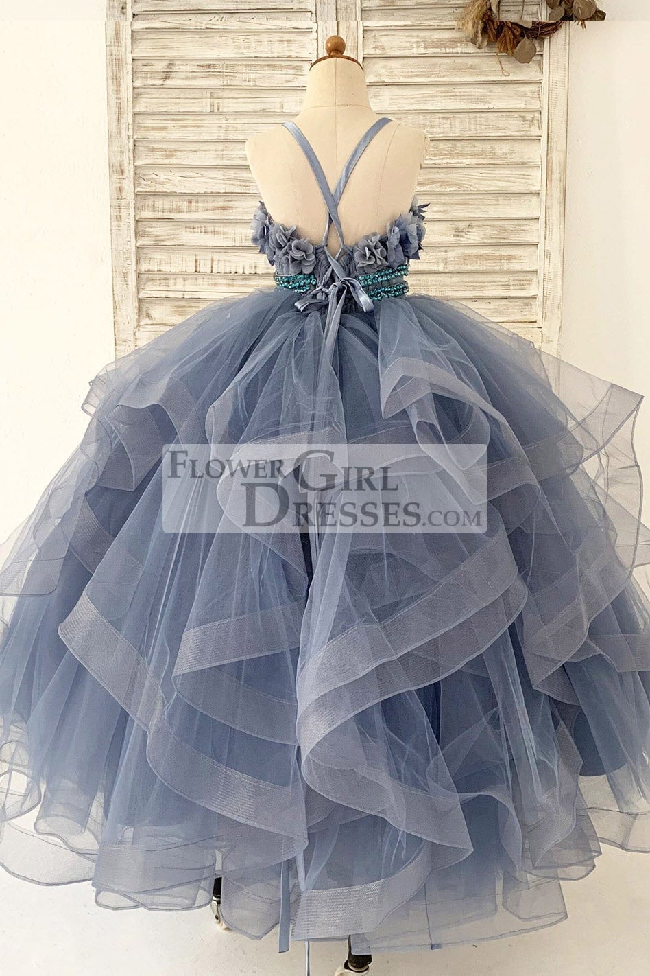 Beaded Dusty Blue Polka Dots Tulle Wedding Flower Girl Dress Kids Party Dress