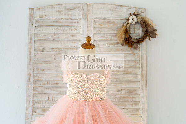 Blush Pink V Back Pearl Beaded Tulle Wedding Flower Girl Dress