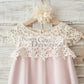 Boho Beach Lace Cap Sleeves Ivory Chiffon Wedding Flower Girl Dress with Pink Lining