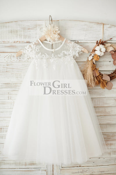 Boho Beach Sheer Neck Ivory Tulle Lace Wedding Flower Girl Dress 1T