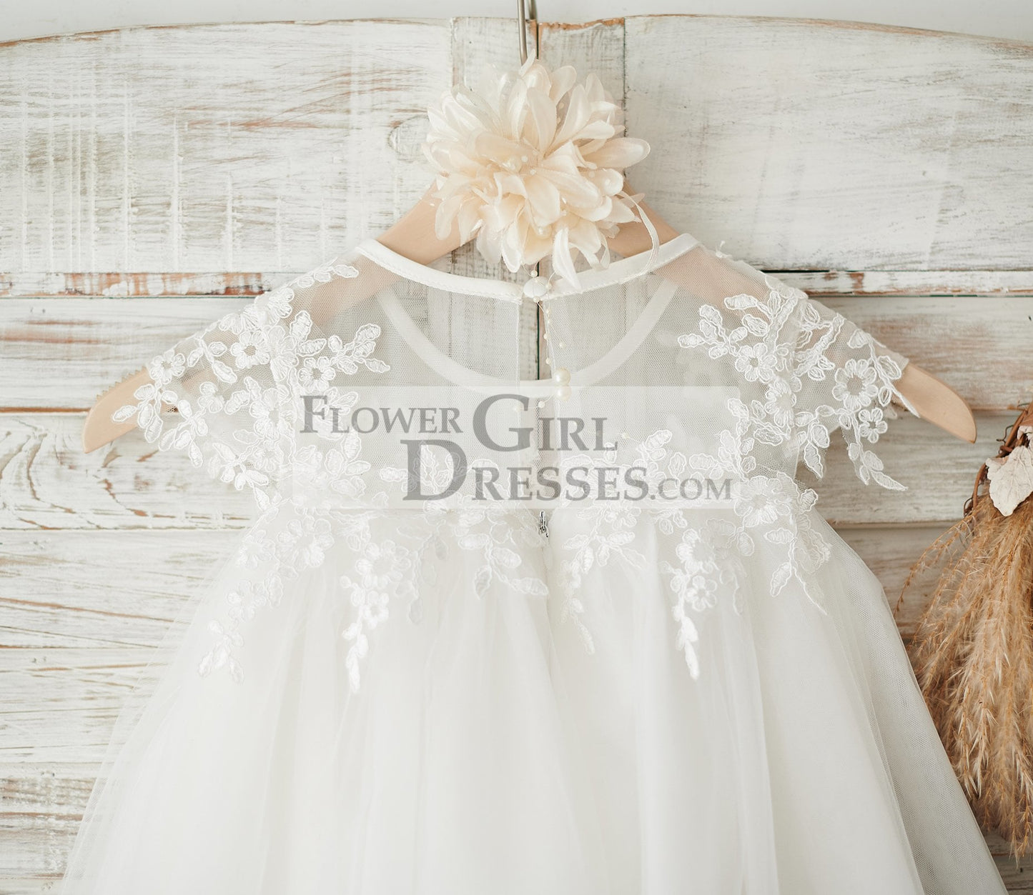 Boho Beach Sheer Neck Ivory Tulle Lace Wedding Flower Girl Dress