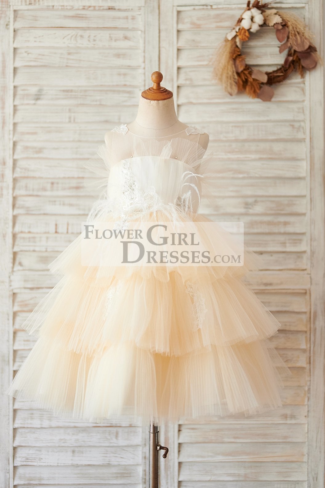 Champagne Cupcake Tulle Beaded Lace Wedding Flower Girl Dress