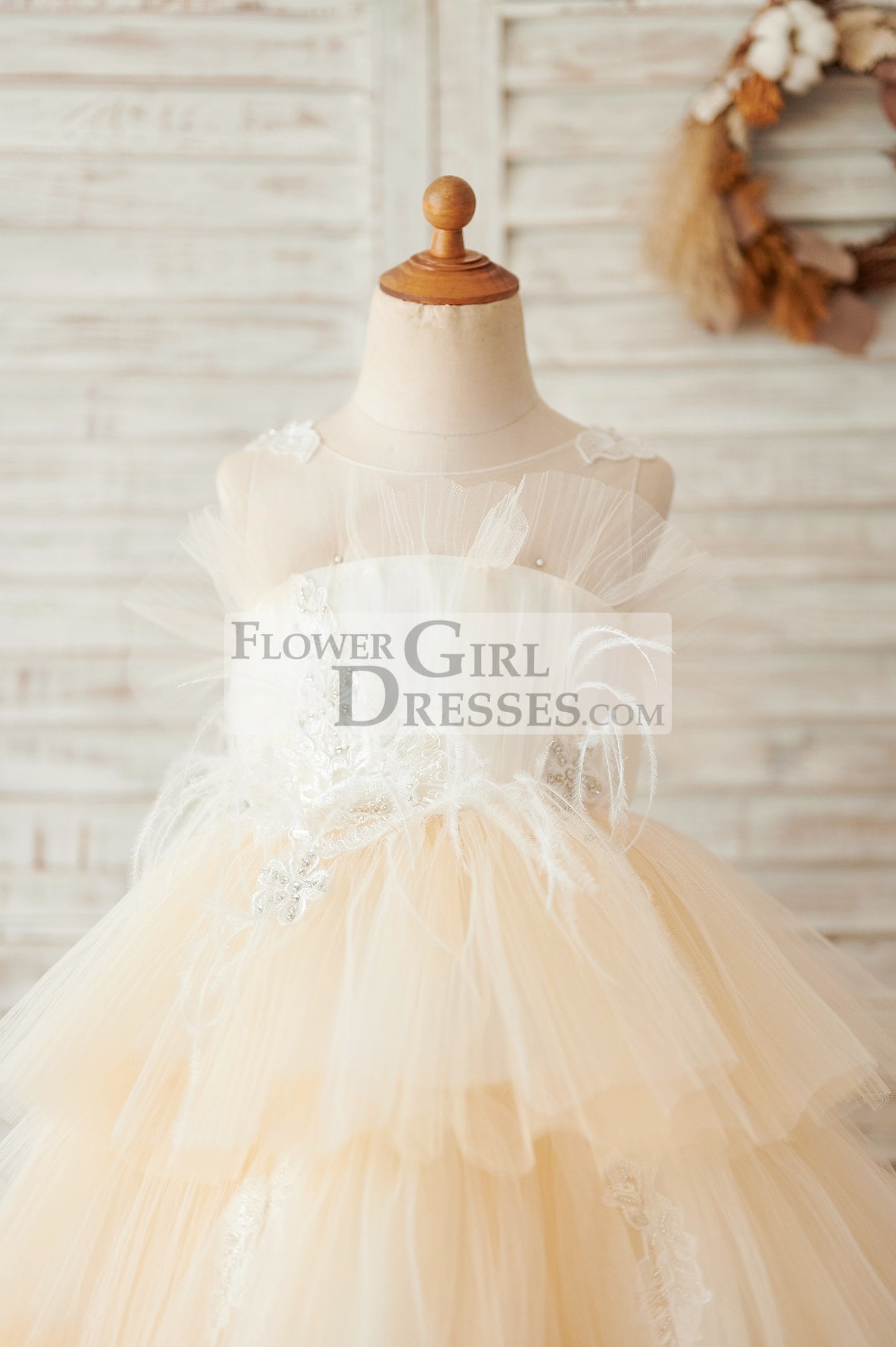 Champagne Cupcake Tulle Beaded Lace Wedding Flower Girl Dress