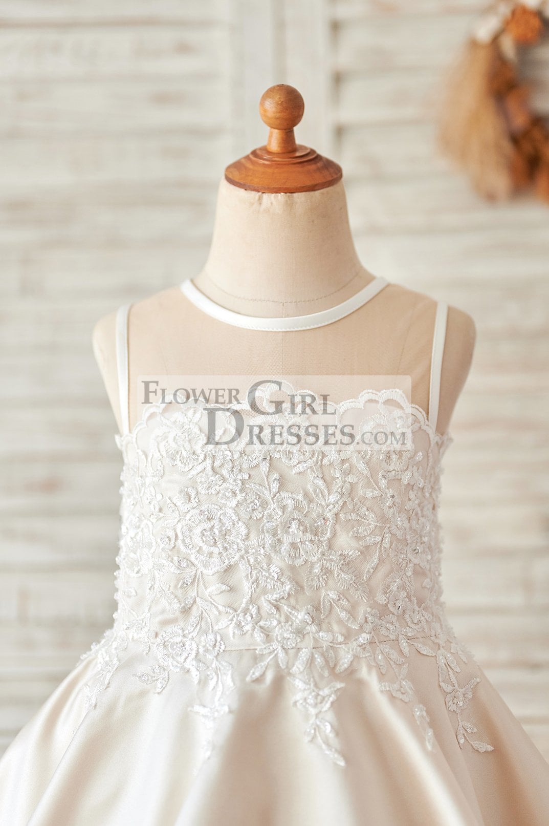 Champagne Satin Ivory Lace Sheer Back Wedding Flower Girl Dress