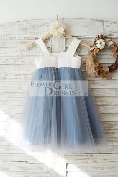 Dusty Blue Tulle Beaded Lace Straps Wedding Flower Girl Dress