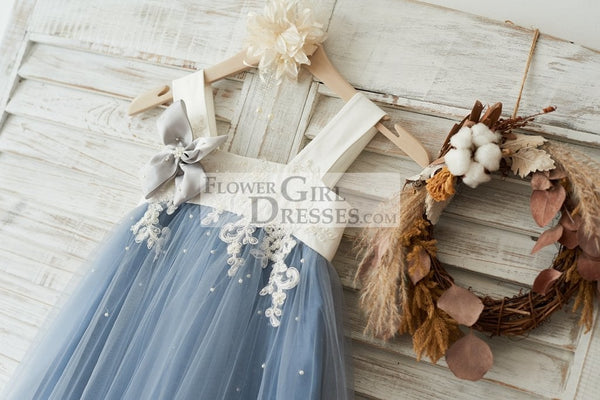 Dusty Blue Tulle Beaded Lace Straps Wedding Flower Girl Dress