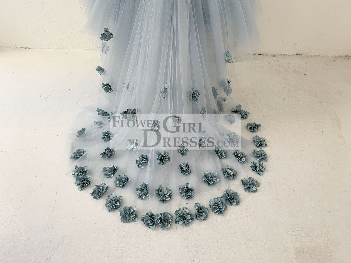 Dusty Blue Tulle Hi Low Wedding Flower Girl Dress Kids Party Dress with Long Train