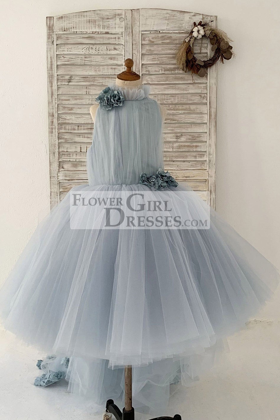 Dusty Blue Tulle Hi Low Wedding Flower Girl Dress Kids Party Dress with Long Train