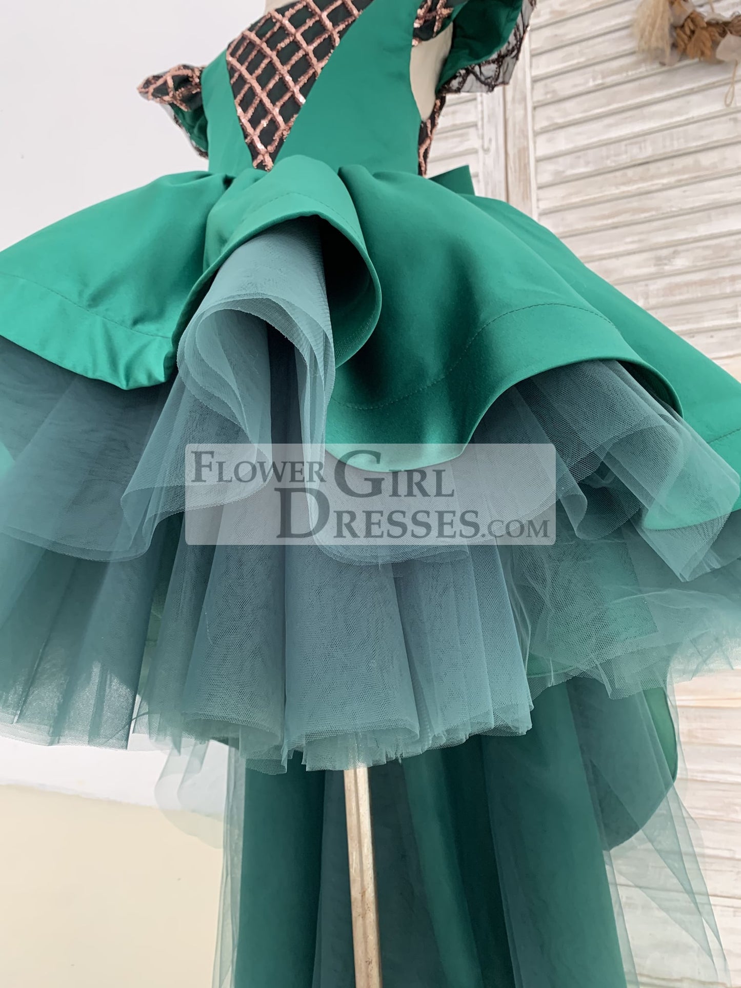 Hi-Low Green Satin Rose Gold Sequin Tulle Cap Sleeves Wedding Flower Girl Dress Kids Princess Party Dress