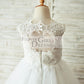 Ivory Lace Champagne Tulle Wedding Flower Girl Dress with Keyhole Back