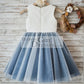 Ivory Lace Silver Gray Tulle Wedding Flower Girl Dress with Navy Blue Appliques\Beads
