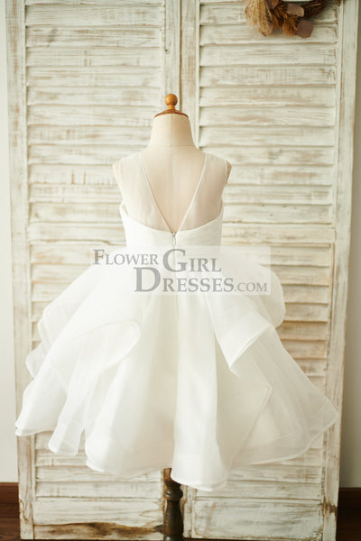 Princess Ivory Organza Sheer Neck V Back Wedding Flower Girl