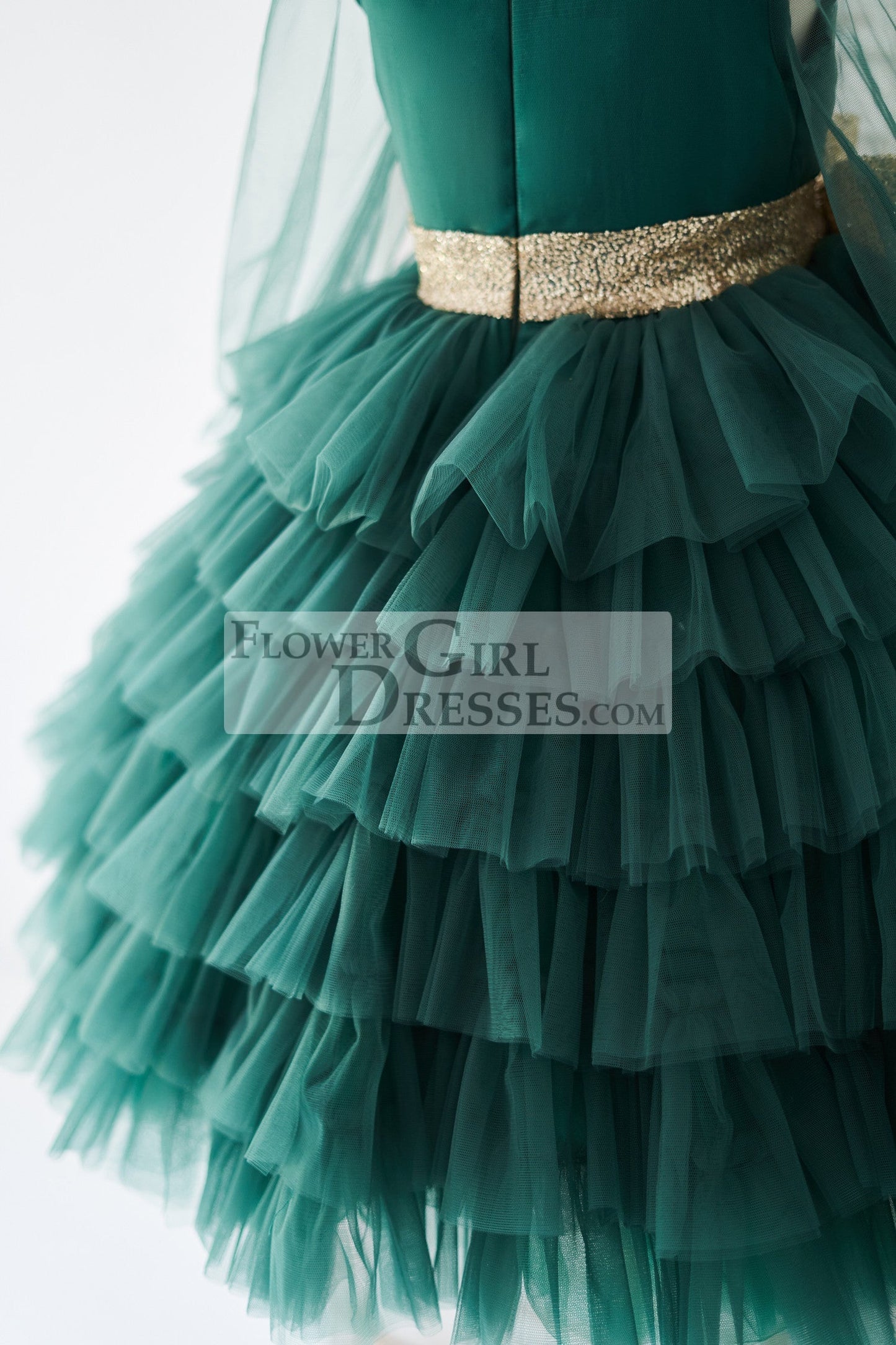 Long Sleeves Green Tulle Cupcake Wedding Flower Girl Dress Kids Party Dress