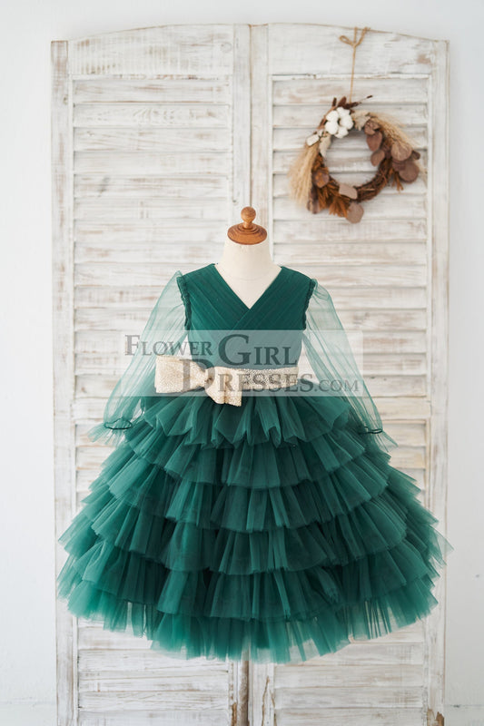 Long Sleeves Green Tulle Cupcake Wedding Flower Girl Dress Kids Party Dress