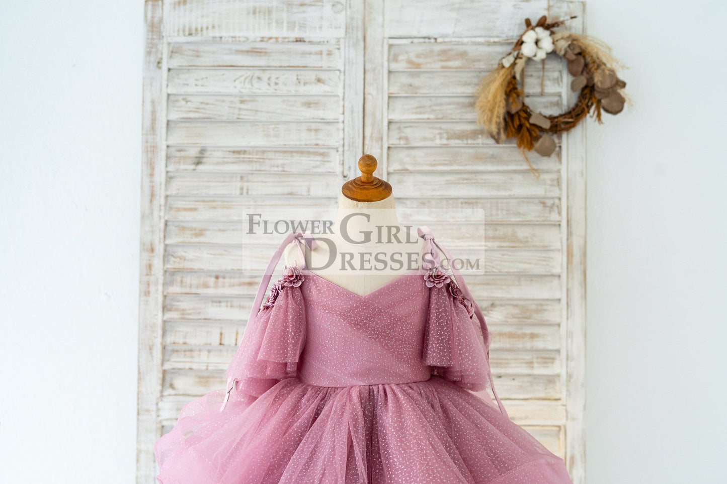 Mauve Glittering Tulle Spaghetti Straps V Back Wedding Flower Girl Dress Kids Party Dress