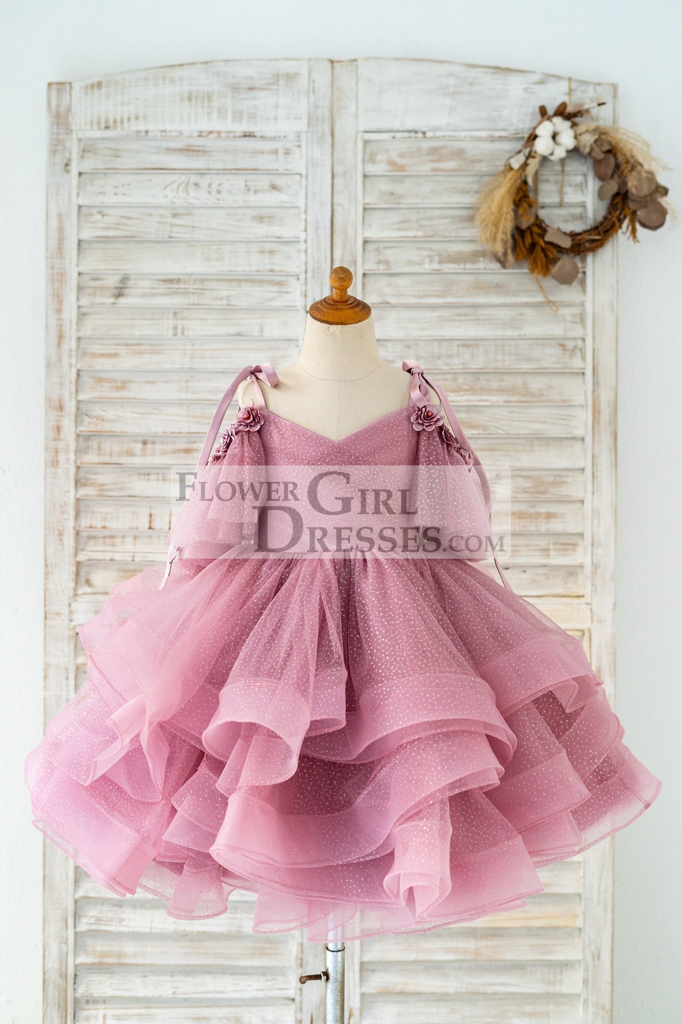 Mauve Glittering Tulle Spaghetti Straps V Back Wedding Flower Girl Dress Kids Party Dress